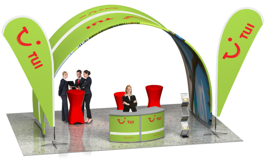 Messestand Textil Evolution Set 009 | Moderner Messestand 6 x 3m Moderner Messestand mit diversen Personen