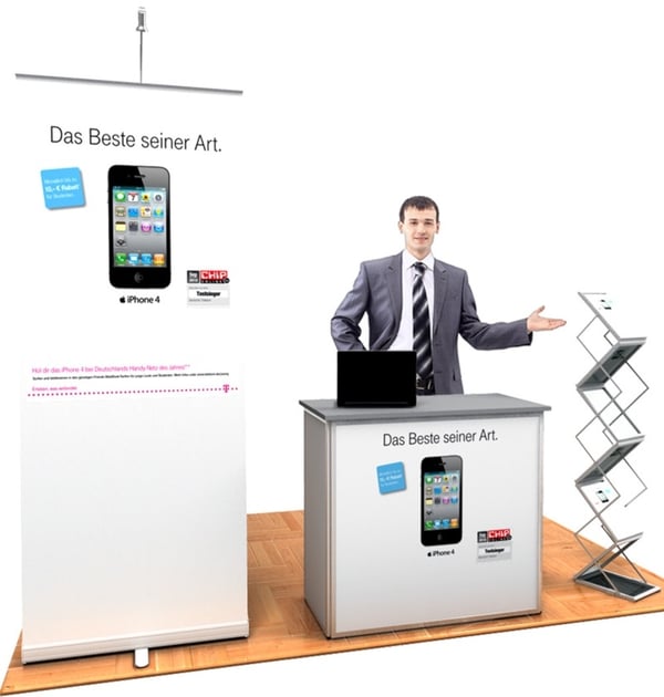 Messeset 060 inkl. Druck | ideal für kleine Standfächen! | Alu Roll-Up + Bannerstrahler + Alu Messetheke + Alu Prospektständer messeset-060