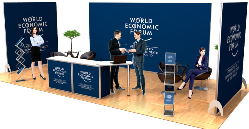 Messeset 501 mit drei Faltwänden, einer Rechtecktheke mit Zusatztisch und 2 Prospektständern Großes Messeset