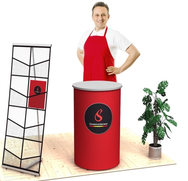 Messeset 001 bestehend aus einer Alu-Rundtheke mit Premiumdruck und einem Prospektständer Eco Double messeset-sparpaket-001