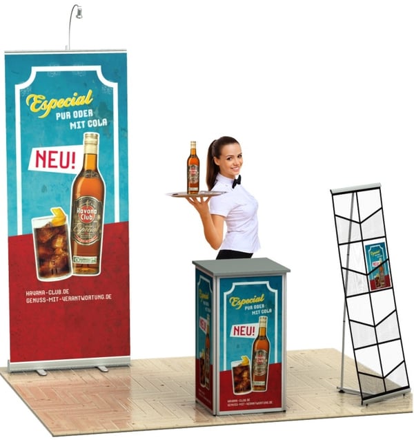Messeset inkl. Druck | ideal für kleine Standfächen! | Roll-Up + Alu Messetheke + Prospektständer messeset-sparpaket-005