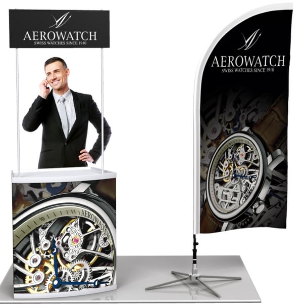 Mobiles Messe-Set bestehend aus Promo-Kunststofftheke & Beachflag | ideal für kleinere Präsentationsflächen! messeset-sparpaket-006